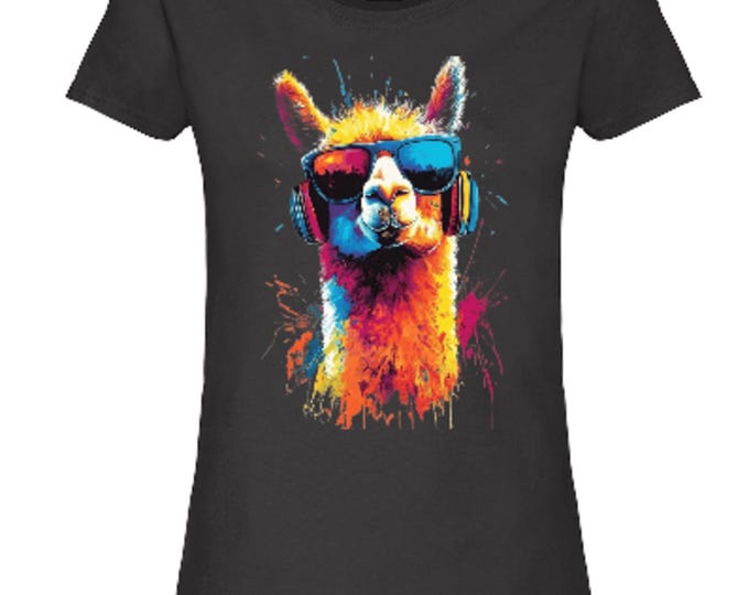 Music Llama T-Shirt, Street Art Graffiti Style, Black Cotton