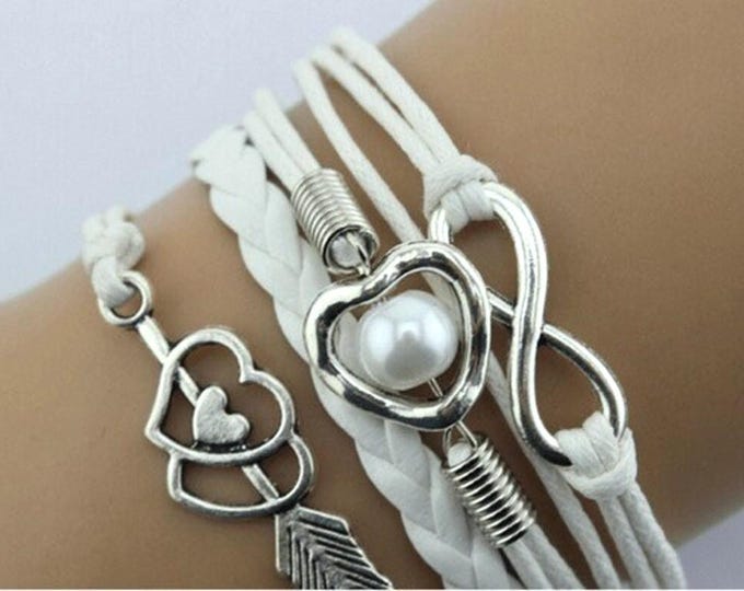 White Boho Charm Bracelet: Multilayer Cuff with Heart & Infinity Charms