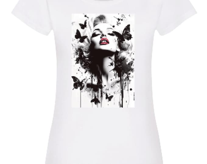 Woman with Butterflies Graphic T-Shirt, Black Cotton Tee