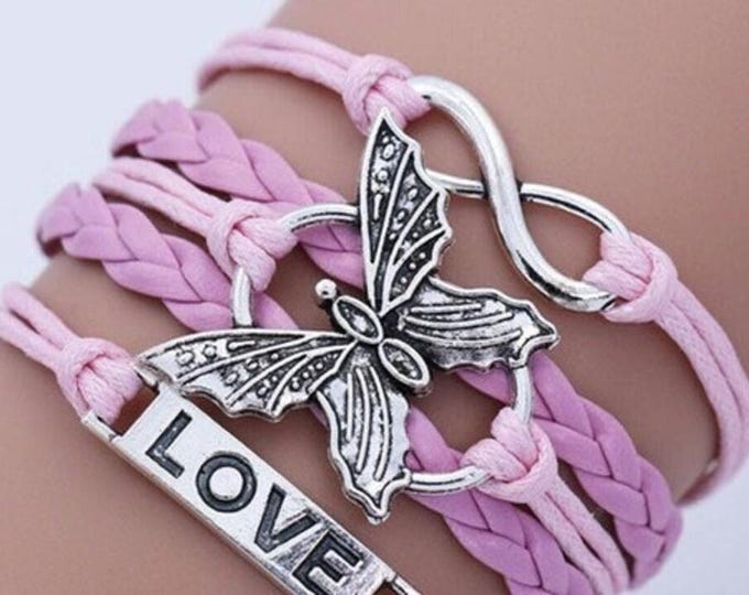 Pink Boho Charm Bracelet: Butterfly, Love, Infinity