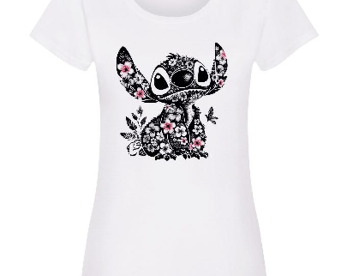 Stitch Graphic T-Shirt: Floral Print - White Cotton Tee