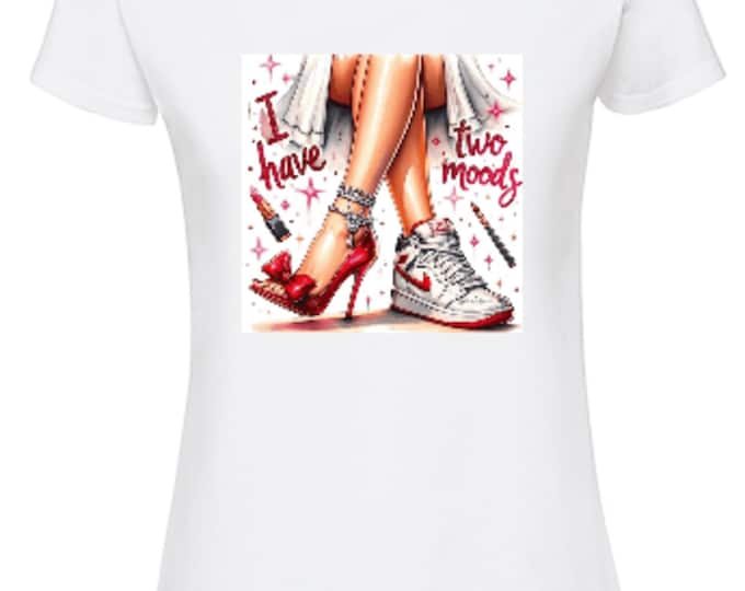 Women's 'Two Moods' T-shirt, Retro Style Print, White Cotton Tee