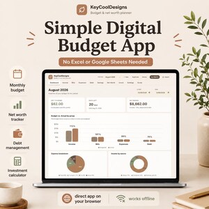 Puede incluir: Una pantalla de computadora portátil que muestra la interfaz de la aplicación de presupuesto digital KeyCoolDesigns con paneles financieros, gráficos y diagramas. La pantalla muestra datos de agosto de 2026, incluido el seguimiento de ingresos, facturas, gastos y deudas.