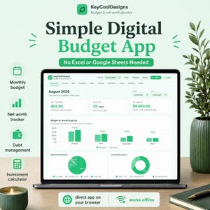 Puede incluir: Una aplicación digital de presupuesto y patrimonio neto mostrada en una pantalla de portátil. La interfaz presenta gráficos y datos financieros en verde y blanco para agosto de 2026. El texto incluye KeyCoolDesigns, Simple Digital Budget App y No Excel or Google Sheets Needed.