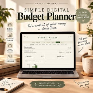 Puede incluir: Un ordenador portátil que muestra una interfaz de planificador de presupuesto digital con el texto Budget Tracker, August 2026, y datos financieros. La pantalla muestra secciones para panel, ingresos, facturas, gastos, deudas y ahorros.