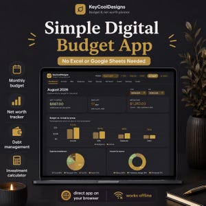 Puede incluir: Una interfaz de aplicación de presupuesto digital en una pantalla de portátil, con un tema oscuro y detalles dorados. El panel muestra datos financieros, incluyendo presupuesto mensual, rastreador de patrimonio y calculadora.