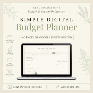 Puede incluir: Un planificador de presupuesto digital en la pantalla de una computadora portátil con el texto KEYCOOLDESIGNS, budget & net worth planner, SIMPLE DIGITAL Budget Planner, NO EXCEL OR GOOGLE SHEETS NEEDED, RUNS IN YOUR BROWSER y WORKS OFFLINE.
