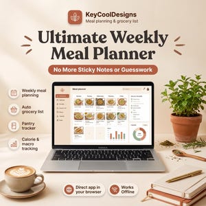 Puede incluir: Un portátil que muestra la interfaz del planificador de comidas semanal KeyCoolDesigns con funciones de planificación, lista de la compra, seguimiento de despensa y calorías. La pantalla muestra imágenes de comida, listas y gráficos.