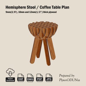 May include: A digital download plan for a wooden stool or coffee table. The plan is for a three-legged stool with a round top. The top is made of a grid pattern. The plan is available in DXF, DWG, PDF, and JPG formats. 9mm (3/8"), 10mm, and 12mm (1/2") thick plywood is recommended.