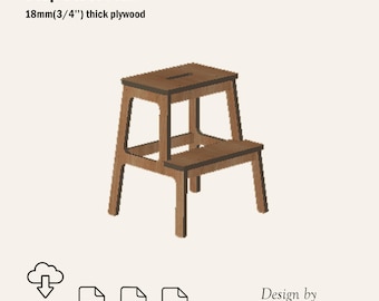May include: A wooden step stool plan, made from 3/4 inch thick plywood. The plan includes digital download files in DXF, DWG, and JPG formats. Design by PlywoODUNia.