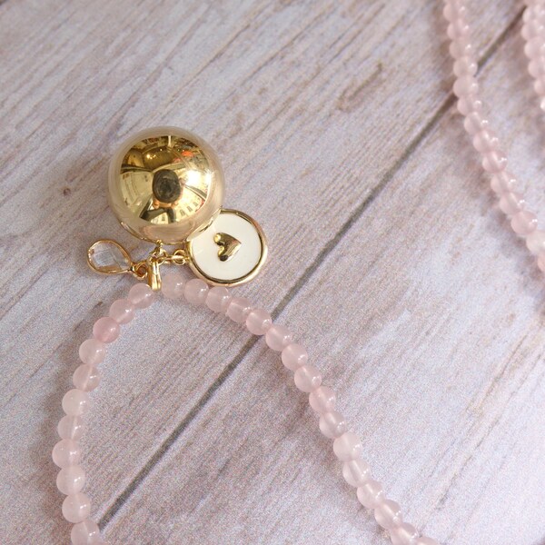 BOLA lithotherapy in ROSE QUARTZ, enamelled white heart pendant and pink quartz drop, golden pregnancy jewel, pregnant woman jewel