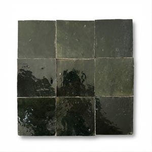 May include: A grid of nine square tiles arranged in a three-by-three pattern. Each tile features a deep, dark forest green glaze with a high-gloss, reflective finish and subtle surface variations, creating a rich, textured appearance.