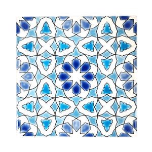 May include: A square ceramic tile with a blue and white geometric pattern. The pattern is made up of repeating stars and circles.
