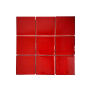 May include: Nine glossy, square red tiles arranged in a 3x3 grid. The tiles have a smooth, reflective surface and are a vibrant, solid red color. The tiles are suitable for use in a kitchen or bathroom.