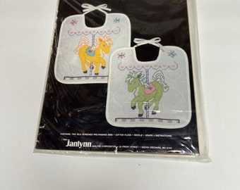 Baby Bib Janlynn Printed Cross Stitch Kit #50-410 Carousel Bibs Vintage 1984 Perfect Baby Shower Gift