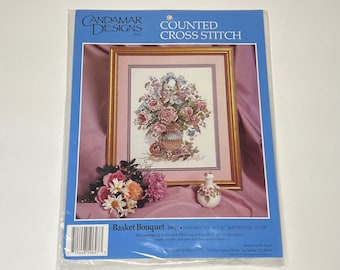 Vintage Basket Bouquet Counted Cross Stitch Kit #50627. Candamar Designs 1990's Designed By M. Wyatt.