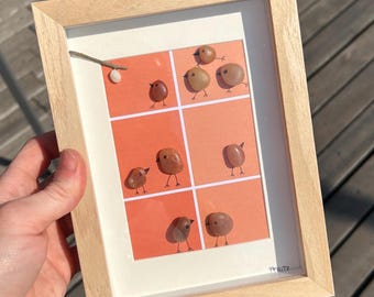Handmade Pebble Bird Art – Whimsical Framed Window Scene