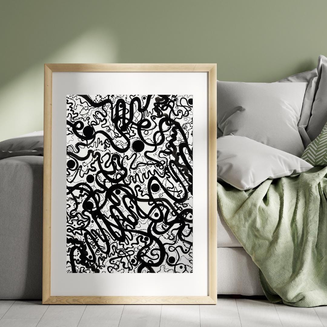 Abstract Ink Line Art Print: Modern Black and White Decor (digital ...