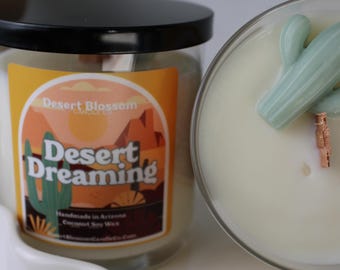 Desert Dreaming Creosote Wood Wick Coconut Soy Wax Candle with Cactus