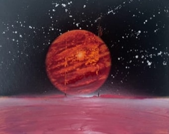 Red and Orange Planet Rising Above the Water Spray Paint Art