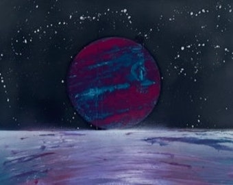 Purple and Teal Planet Overlooking Water Spray Paint Art