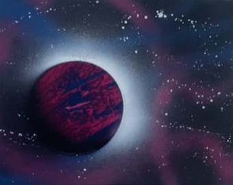 Blue and Pink Planet with White Stars Spray Paint Art