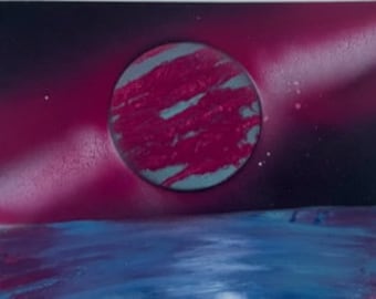 Pink and Teal Planet Overlooking Water Spray Paint Art