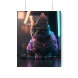 Cyberpunk Cat Poster, Digital Art Print, Wall Art, Home Decor, Cyberpunk, Cat Poster, Pet Portrait, Neon Color