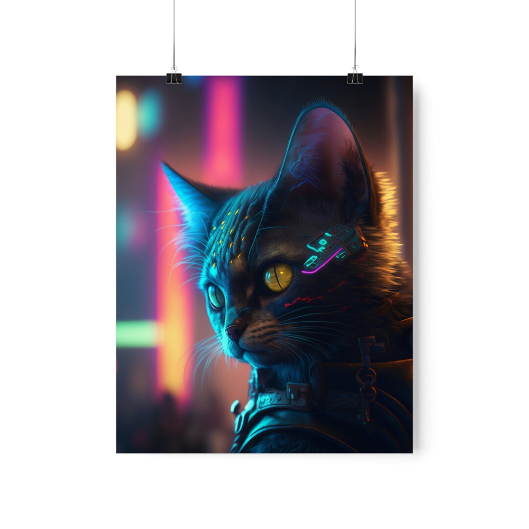 Cyberpunk Cat Poster, Digital Art Print, Wall Art, Home Decor ...