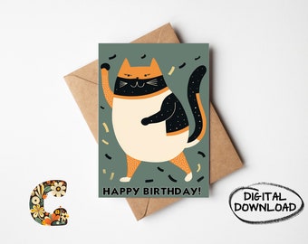 Cute Cat birthday card, Birthday card from cat, 5x7 Greeting card, 60s retro style, Cute couple gifts, Party cat