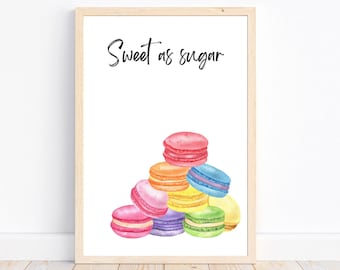 Sweet As Sugar Macaron Print, Décor de cuisine, Macarons Français, Impression de cuisson, Macarons, Téléchargement instantané, Décor gourmand, Bonbons, Desserts