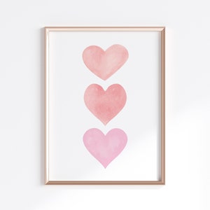 Three Hearts Watercolor Valentine&#39;s Print, Valentine&#39;s Wall Decor, Instant Digital Download, Valentine&#39;s Day Decor, Soft Pink Decor