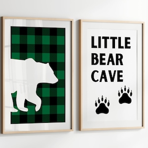 Little Bear Cave Wall Art, Bears Nursery Print, Boys Room Decor, Woodland Nursery Decor, Green Plaid Wall Art, Digital Download Printable