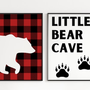 Little Bear Cave Wall Art, Bears Nursery Print, Boys Room Decor, Woodland Nursery Decor, Rustic Plaid Wall Art, Digital Download Printable