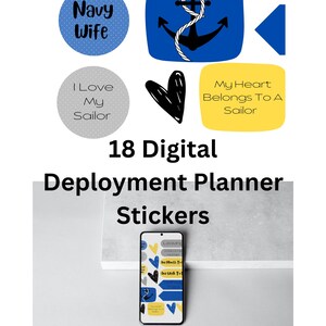 May include: 18 digital planner stickers featuring navy blue, yellow, and white colors. The stickers include phrases like "Navy Wife", "I Love My Sailor", and "My Heart Belongs To A Sailor".