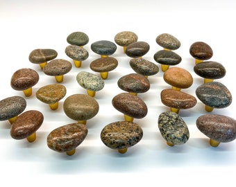 Handmade Beach Stone Knob – Gold Base, Rustic Drawer Pull