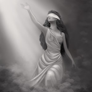 Może przedstawiać: Czarno-biała grafika cyfrowa przedstawiająca kobietę w powłóczystej białej sukni, z zawiązanymi oczami, z uniesioną ręką w stronę promienia światła. Postać otoczona jest chmurami, tworząc dramatyczną i eteryczną scenę.