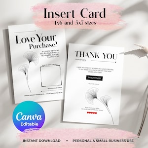 Puede incluir: Dos tarjetas de inserción blancas con texto negro. Una dice "Love Your Purchase?" y la otra "Thank You". Ambas tarjetas presentan un diseño de hoja de ginkgo. Las tarjetas están disponibles en tamaños de 10,16 x 15,24 cm y 12,7 x 17,78 cm.
