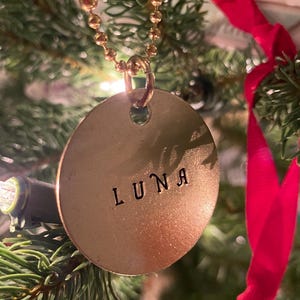 Peut inclure: Une décoration métallique circulaire de couleur dorée portant le nom LUNA estampé en lettres capitales noires. L'ornement est suspendu par une chaînette à billes dorée et accroché à une branche de pin verte avec des lumières blanches.