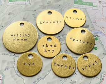 Label Your Keys Keychain | Customizable Hand-Stamped Brass Metal | 3 Sizes to Choose From | Vacation House, Spare Key, Shed, Lock Box, Bike