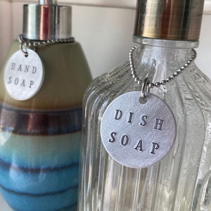 High Visibility Hand & Dish Soap Dispenser Labels  | Metal Hand-Stamped Tags | Hang on Soap Bottles | Bathroom Organization