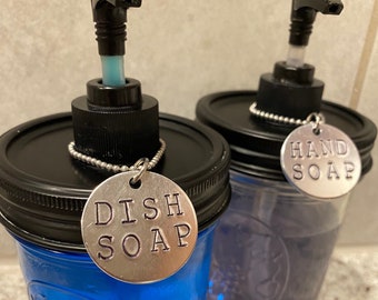Hand & Dish Soap Dispenser Labels | High Visibility | Metal Hand-Stamped | Smooth or Hammered | Hang on Soap Bottles | Organization | Large