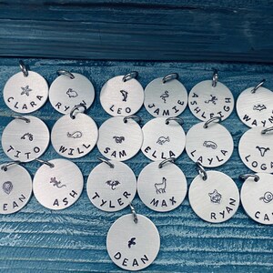 Custom Name Tags for Backpacks, Keys, Purse | 50+ Designs | Hand-Stamped Metal | Fully Customizable Silver Image, Personalized Keychain Gift