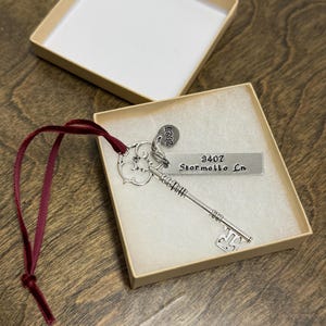 Custom Address Ornament - Dated Year New Home Victorian Silver Key Gift - Moving Away Realtor Present - First Apartment - Christmas House