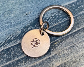 Shamrock Four Leaf Clover St. Patrick's Day Keychain Hand-Stamped Aluminum 3/4" Diameter Round Circle Lucky Irish Ireland