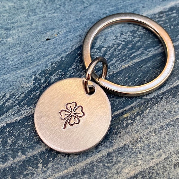 Shamrock Four Leaf Clover St. Patrick's Day Keychain Hand-Stamped Aluminum 3/4" Diameter Round Circle Lucky Irish Ireland