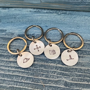 Travel Adventure Camping Keychain | Compass Tent Cabin Lighthouse | Hand-Stamped Aluminum Silver-Tone | 3/4&quot; Diameter Round Circle