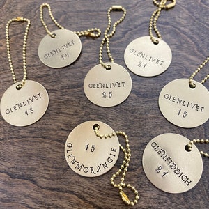 Custom Whiskey Tags | Gold Colored Brass Liquor Markers | Hand Stamped Drink Names | Large Metal Decanter Tags | Bar & Tap Booze Labels