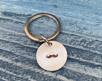 Mustache Keychain Hand-Stamped Aluminum 3/4" Diameter Round Circle Funny Novelty Gift