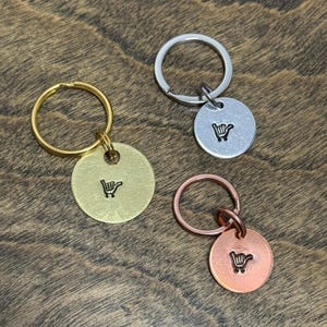 Hang Loose Hawaiian Shaka Keychain | Hand-Stamped Metal |  Hand Symbol Surfer Beach | 3/4" Diameter Round Circle | Surfer Gift | Hawaii Trip